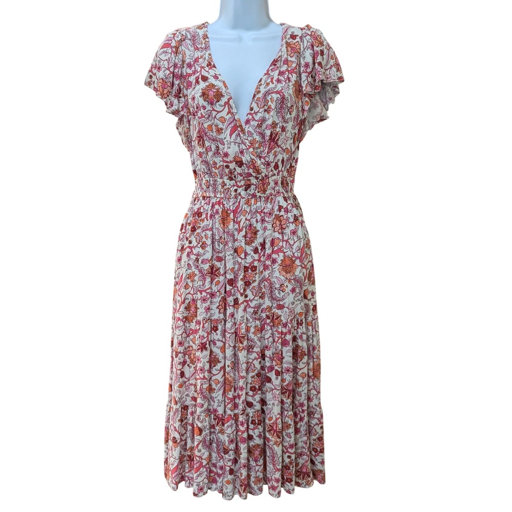 Knox Rose Pink Floral Flutter Sleeve Smocked Waist Tiered XS Midi Dress Bohemian